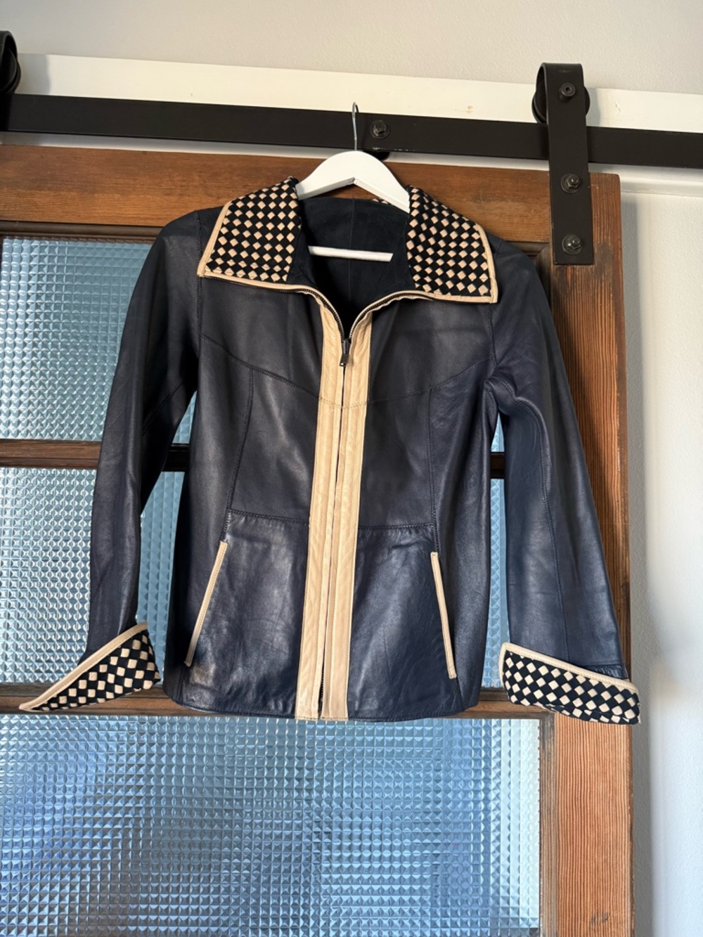 Black Reversible Leather and Suede Zip Jacket with Cream Trim
